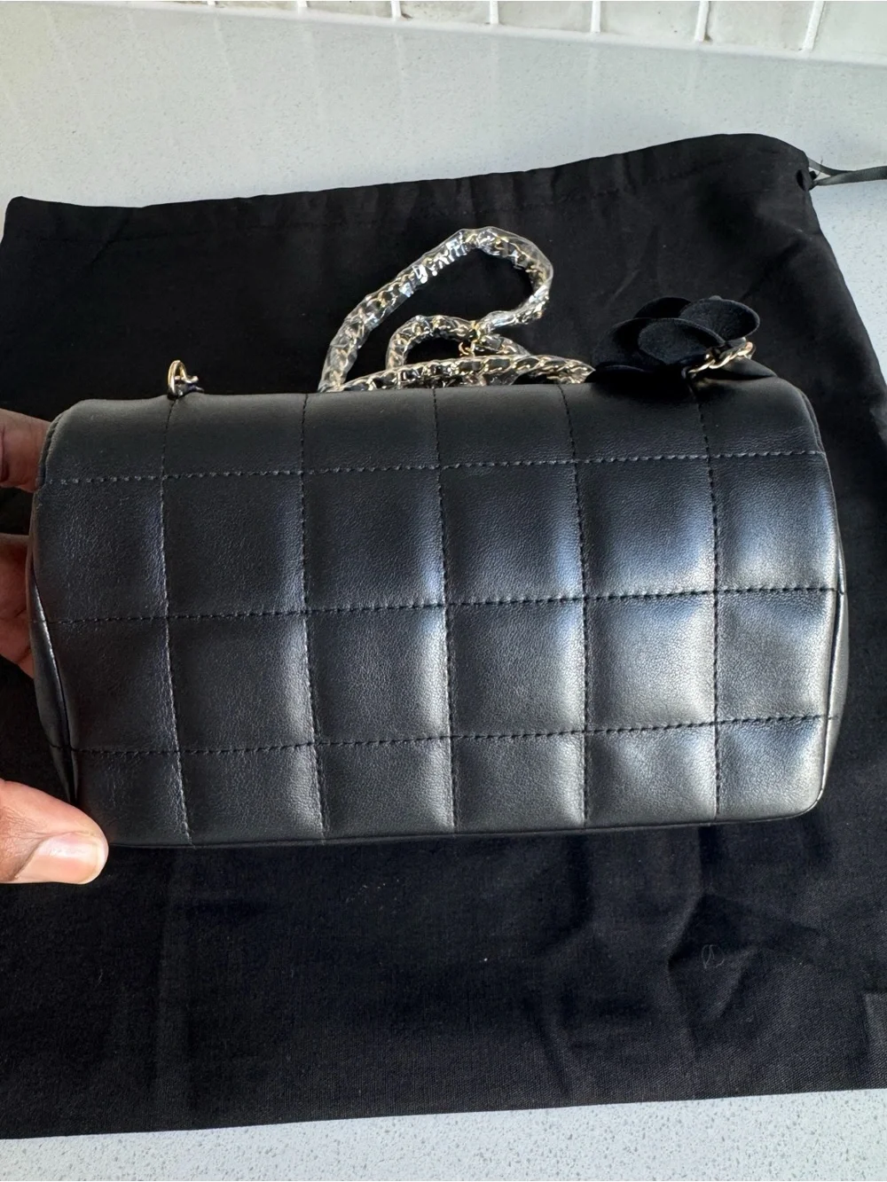 Authentic  CHANEL Mini Chocolate Bar Camellia Chain Lambskin Shoulder Bag